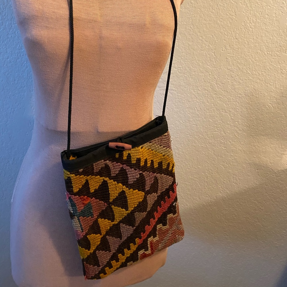 Handmade knit Aztec crossbody sling satchel